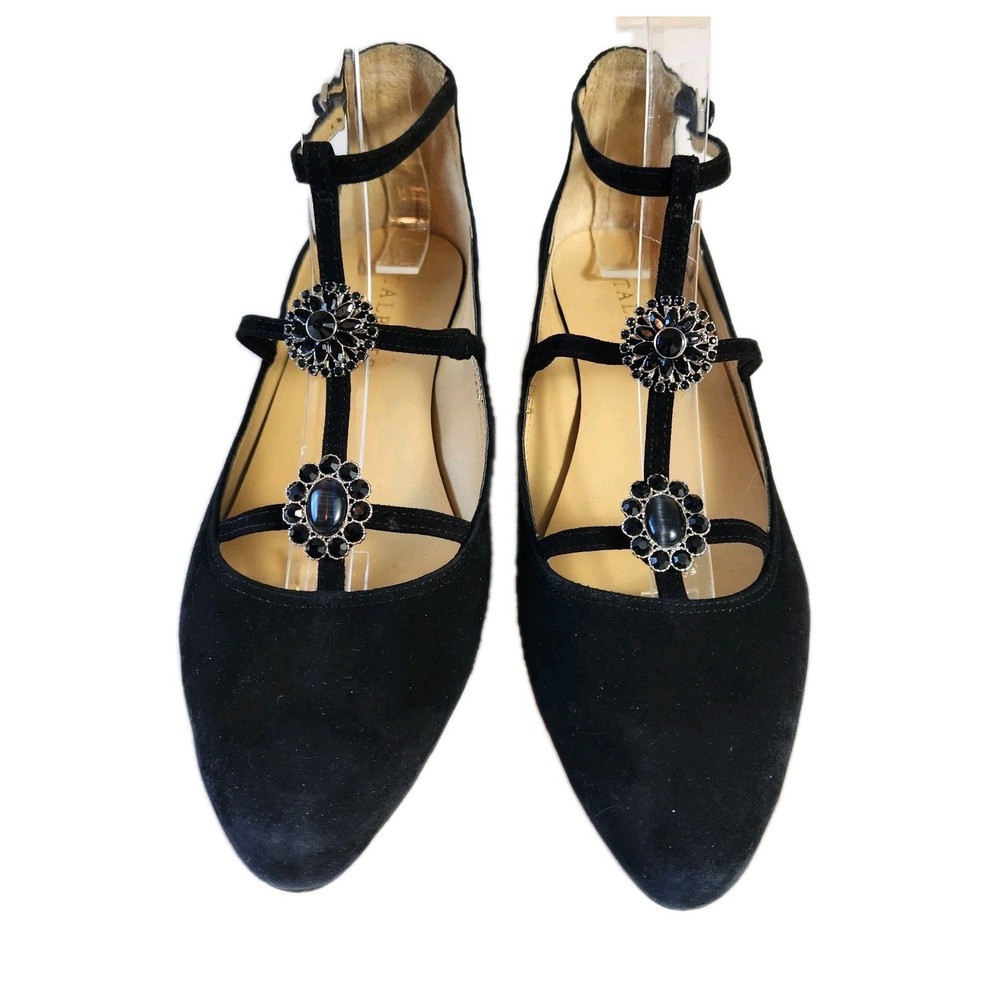 Talbots Womens Black Suede Edison Shoes Size 6.5 M Strappy Jewel Mary Jane Flats - Picture 2 of 16